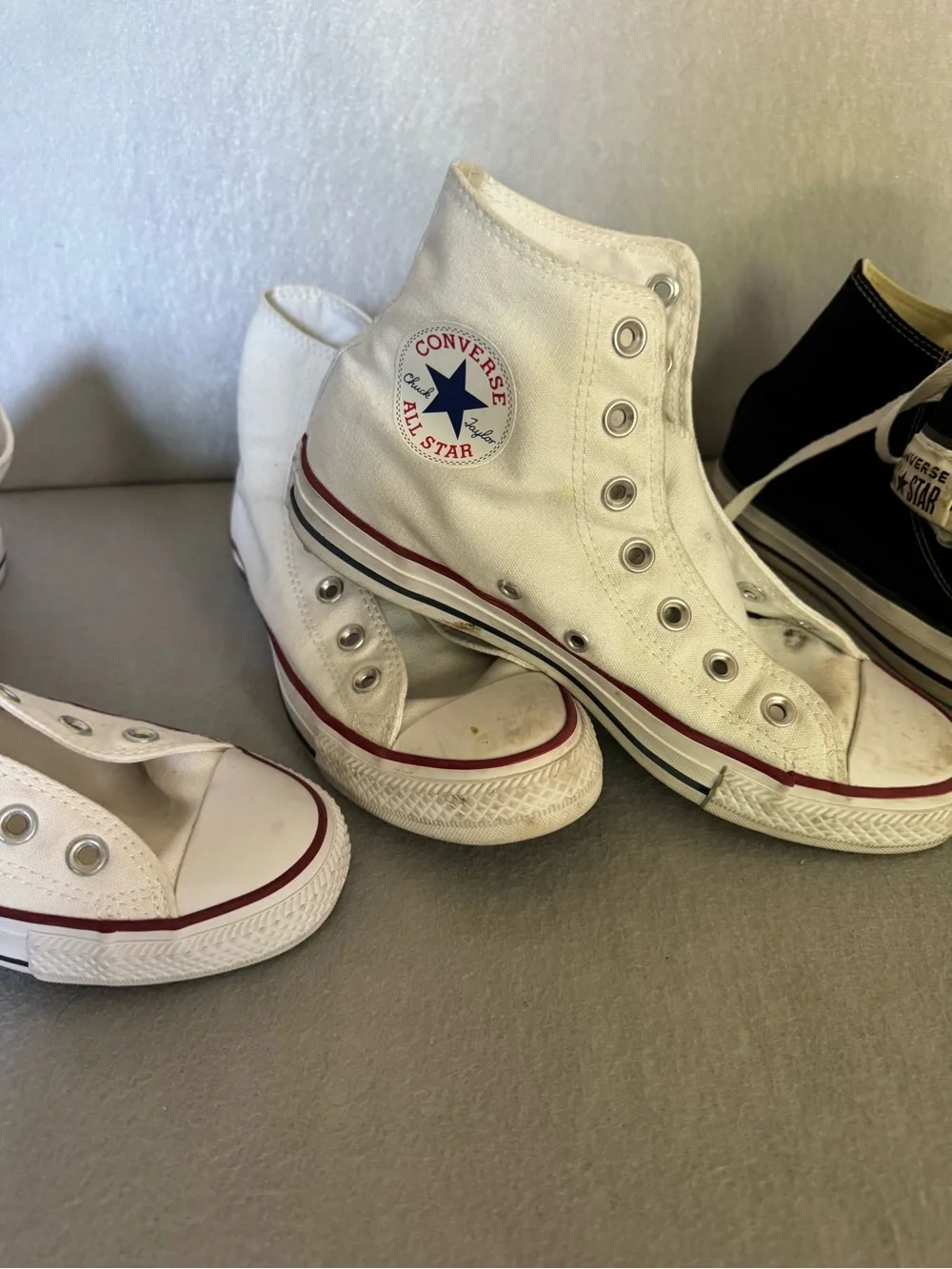 Converse White High-Top Sneakers with Red and Navy Trim